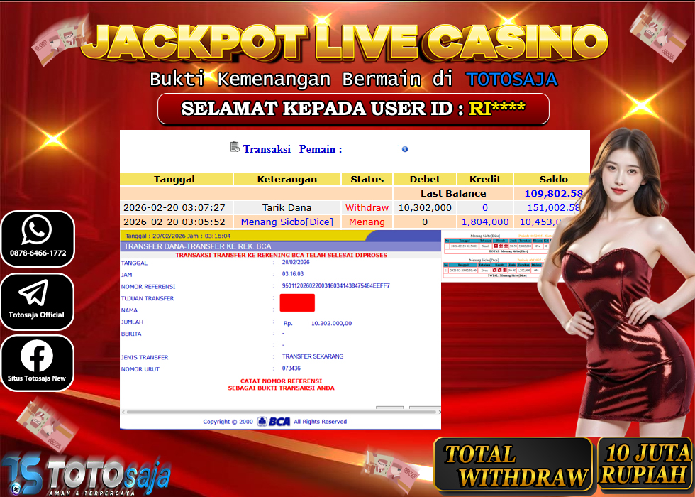 TOTOSAJA JACKPOT LIVE CASINO ONLINE SICBO DICE Rp.10.302.000,- LUNAS