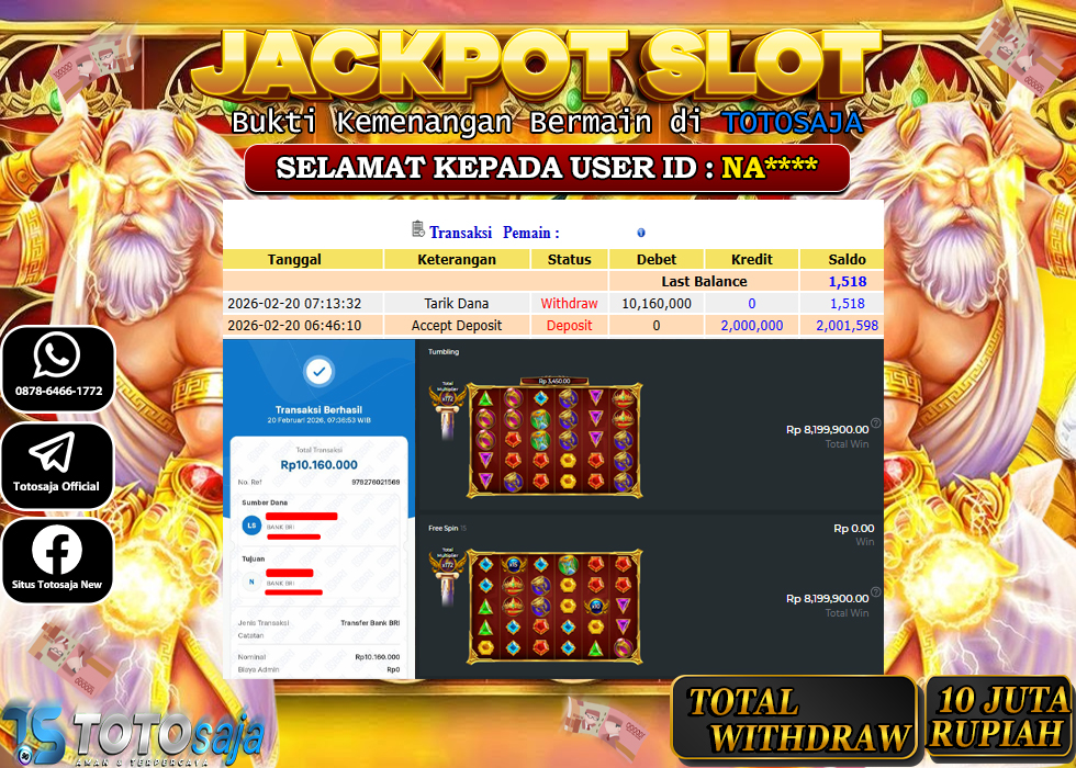 TOTOSAJA JACKPOT SLOT ONLINE GATES OF OLYMPUS SUPER SCATTER Rp.10.160.000,- LUNAS