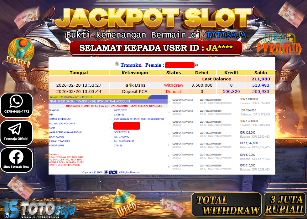 TOTOSAJA JACKPOT SLOT ONLINE CURSE OF THE PYRAMID Rp.3.500.000,- LUNAS