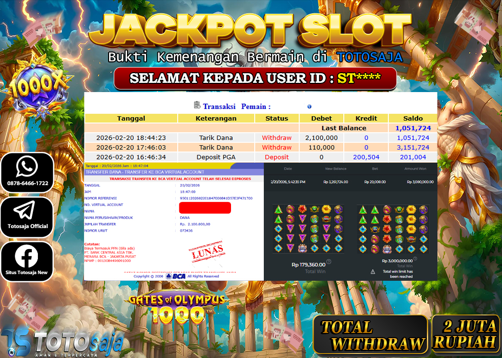 TOTOSAJA JACKPOT SLOT ONLINE GATES OF OLYMPUS 1000 Rp.2.100.000,- LUNAS