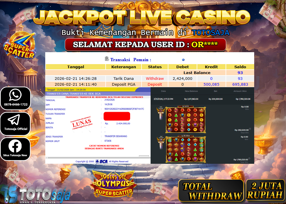 TOTOSAJA JACKPOT SLOT ONLINE GATES OF OLYMPUS SUPER SCATTER Rp.2.424.000,- LUNAS