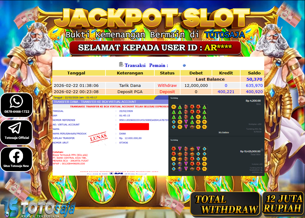 TOTOSAJA JACKPOT SLOT ONLINE GATES OF OLYMPUS 1000 Rp.12.000.000,- LUNAS