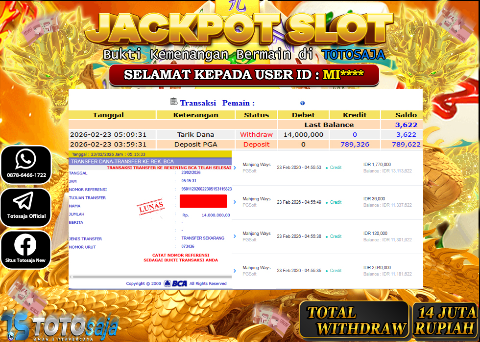 TOTOSAJA JACKPOT SLOT ONLINE MAHJONG WAYS 2 Rp.14.000.000,- LUNAS