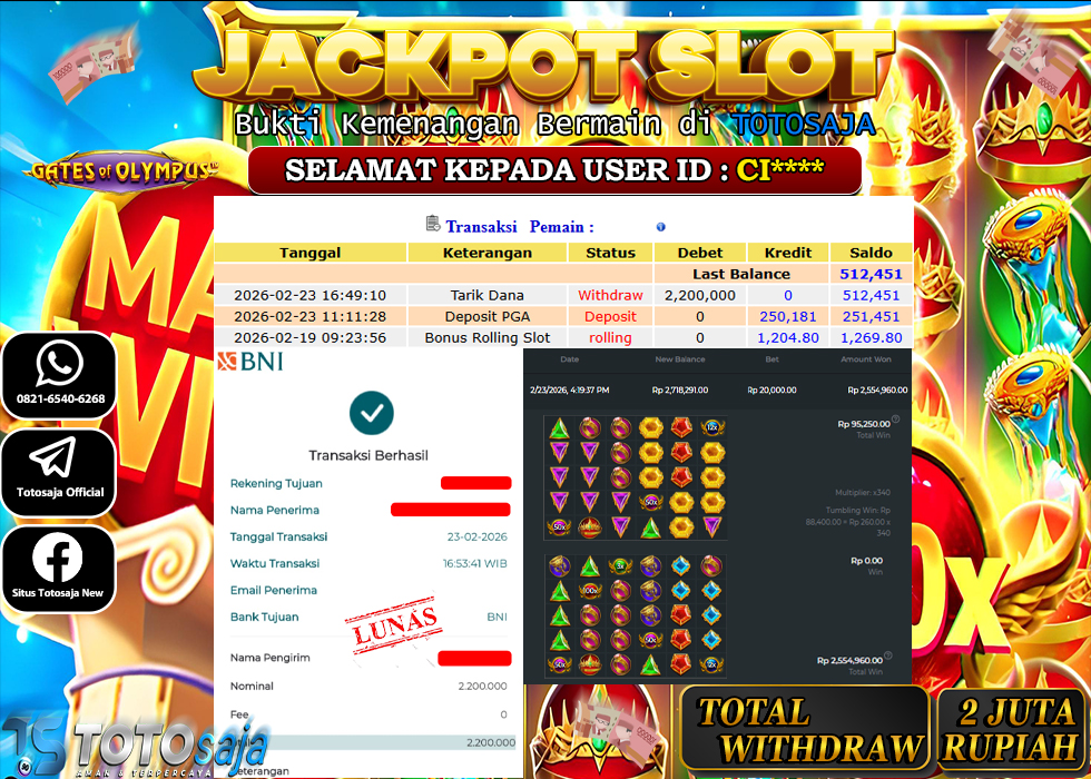 TOTOSAJA JACKPOT SLOT ONLINE GATES OF OLYMPUS 1000 Rp.2.200.000,- LUNAS
