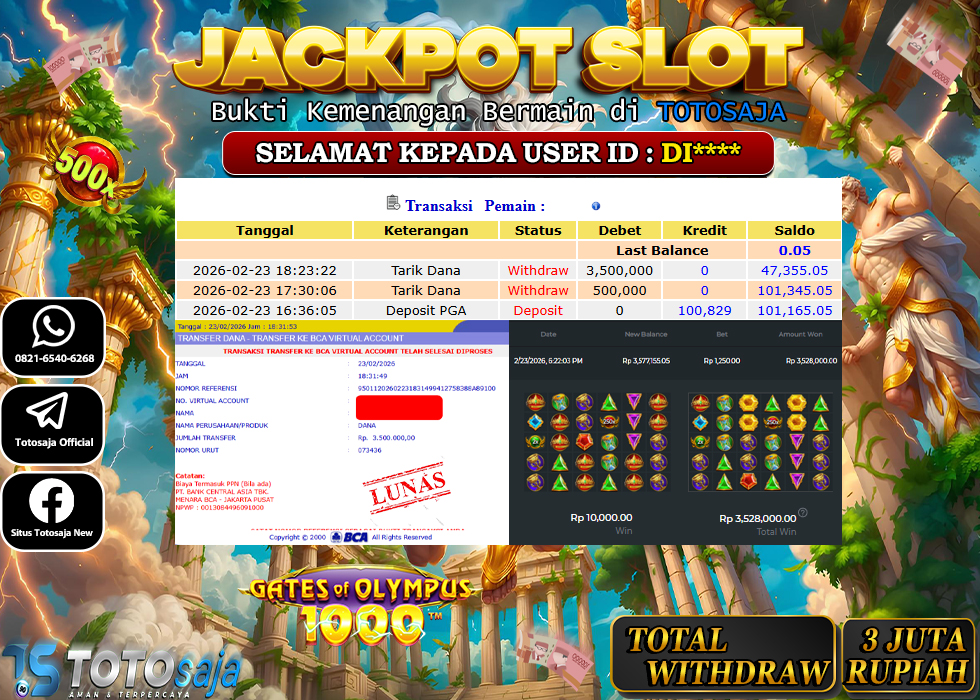 TOTOSAJA JACKPOT SLOT ONLINE GATES OF OLYMPUS 1000 Rp.3.500.000,- LUNAS