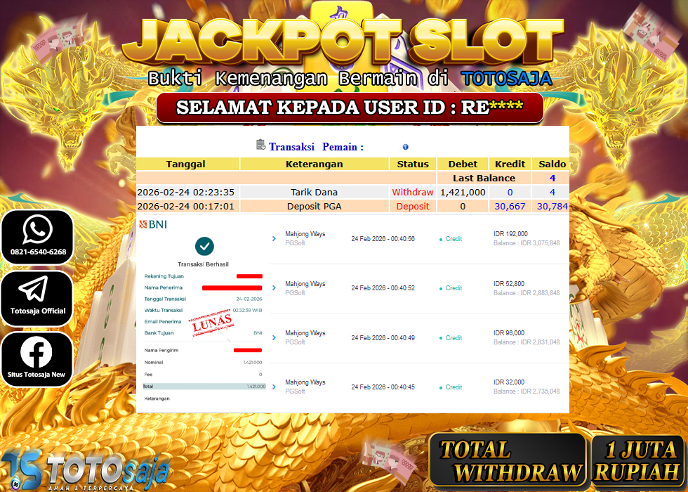 TOTOSAJA JACKPOT SLOT ONLINE MAHJONG WAYS  Rp.1.421.000,- LUNAS