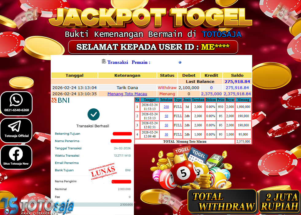 TOTOSAJA JACKPOT TOGEL ONLINE TOTOMACAU Rp.2.100.000,- LUNAS