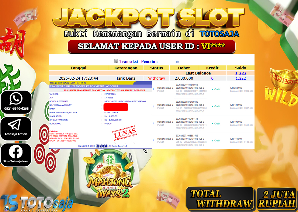 TOTOSAJA JACKPOT SLOT ONLINE MAHJONG WAYS 2 Rp.2.000.000,- LUNAS