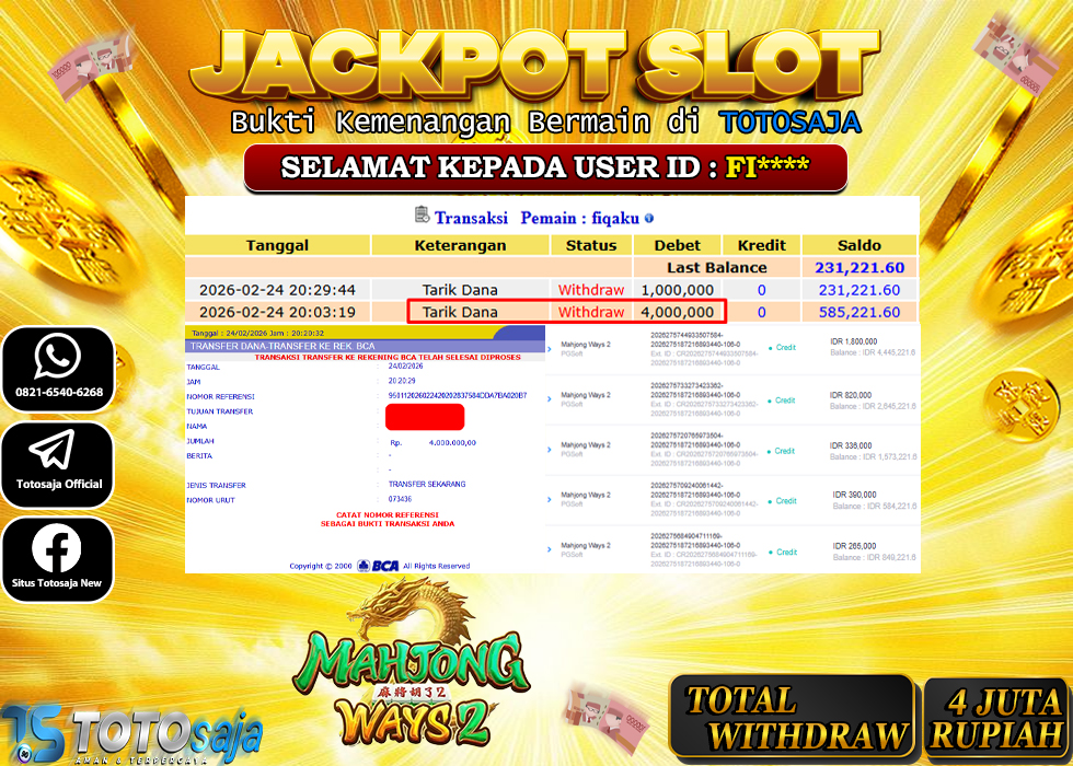 TOTOSAJA JACKPOT SLOT ONLINE MAHJONG WAYS 2 Rp.4.000.000,- LUNAS