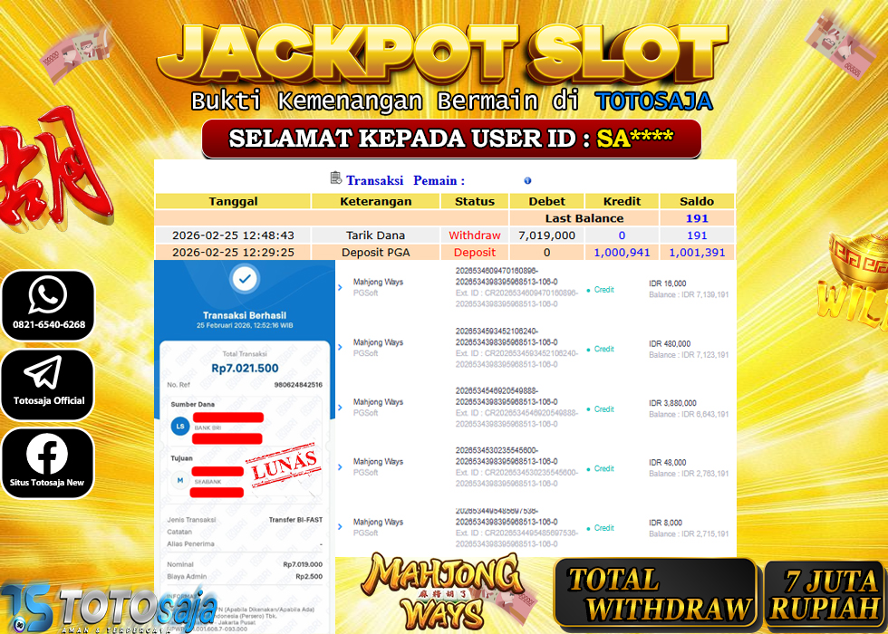 TOTOSAJA JACKPOT SLOT ONLINE MAHJONG WAYS  Rp.7.019.000,- LUNAS
