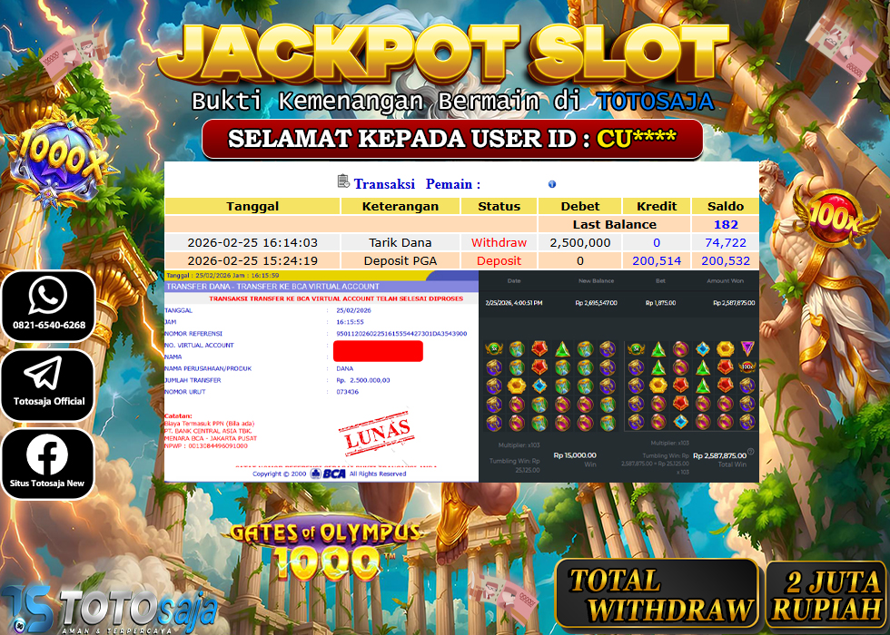 TOTOSAJA JACKPOT SLOT ONLINE GATES OF OLYMPUS 1000 Rp.2.500.000,- LUNAS