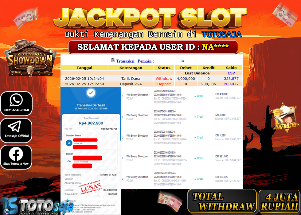 TOTOSAJA JACKPOT SLOT ONLINE WILD BOUNTY SHOWDOWN Rp.4.900.000,- LUNAS