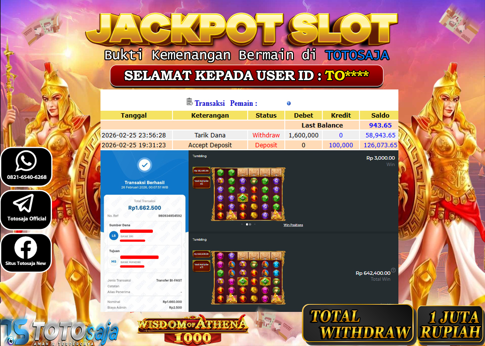 TOTOSAJA JACKPOT SLOT ONLINE Wisdom of Athena 1000 Rp.1.600.000,- LUNAS