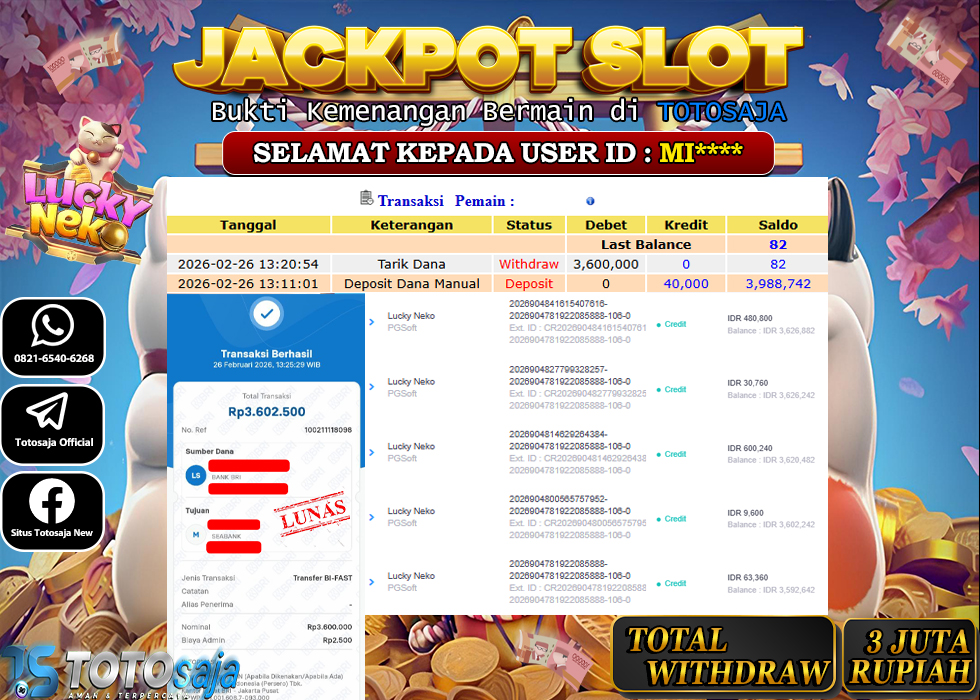 TOTOSAJA JACKPOT SLOT ONLINE LUCKY NEKO Rp.3.600.000,- LUNAS