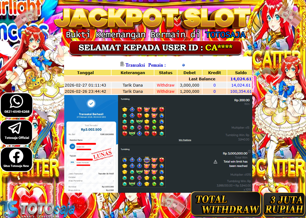 TOTOSAJA JACKPOT SLOT ONLINE STARLIGHT PRINCESS 1000 Rp.3.000.000,- LUNAS