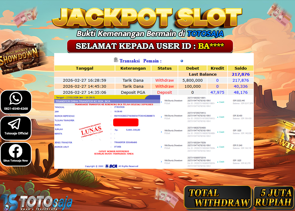 TOTOSAJA JACKPOT SLOT ONLINE WILD BOUNTY SHOWDOWN Rp.5.800.000,- LUNAS