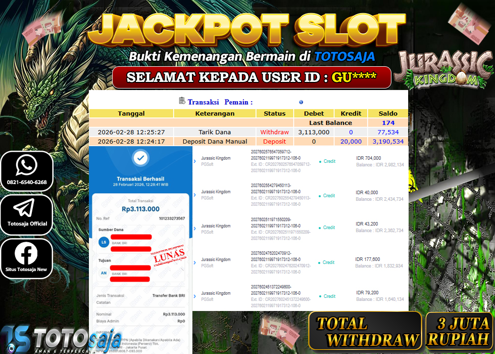 TOTOSAJA JACKPOT SLOT ONLINE JURASSIC KINGDOM Rp.3.113.000,- LUNAS