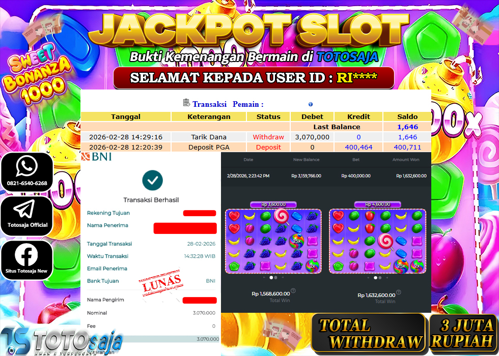 TOTOSAJA JACKPOT SLOT ONLINE SWEET BONANZA 1000 Rp.3.070.000,- LUNAS