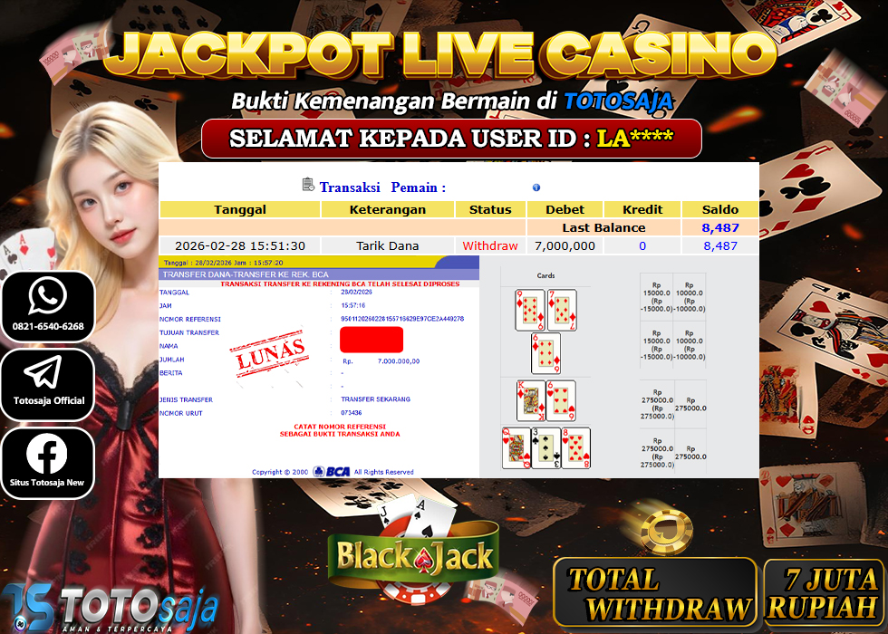 TOTOSAJA JACKPOT LIVE CASINO ONLINE  INDONESIAN BLACKJACKX 4 Rp.7.000.000,- LUNAS