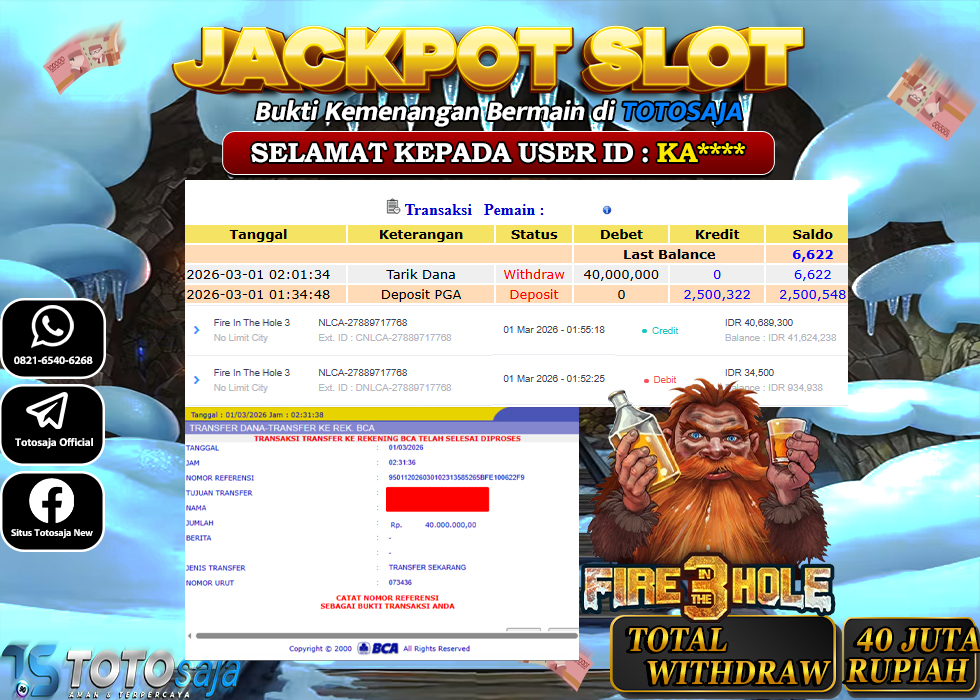 TOTOSAJA JACKPOT SLOT ONLINE Fire In The Hole 3 Rp.40.000.000,- LUNAS