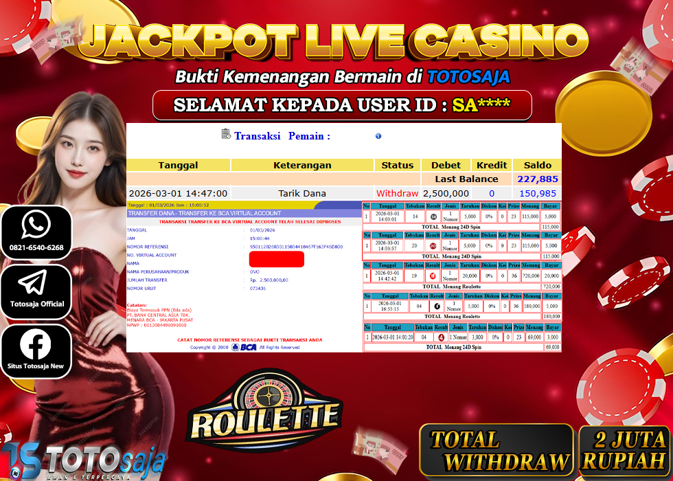 TOTOSAJA JACKPOT LIVE CASINO ONLINE  ROULETTE Rp.2.500.000,- LUNAS