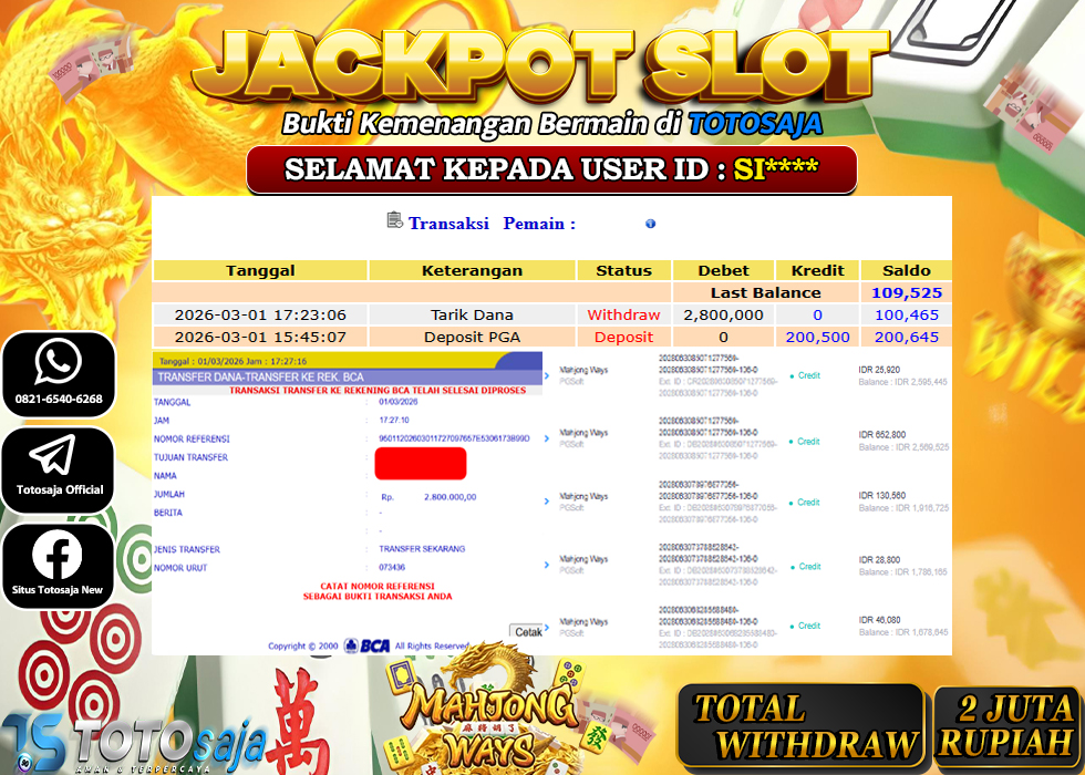 TOTOSAJA JACKPOT SLOT ONLINE MAHJONG WAYS Rp.2.800.000,- LUNAS