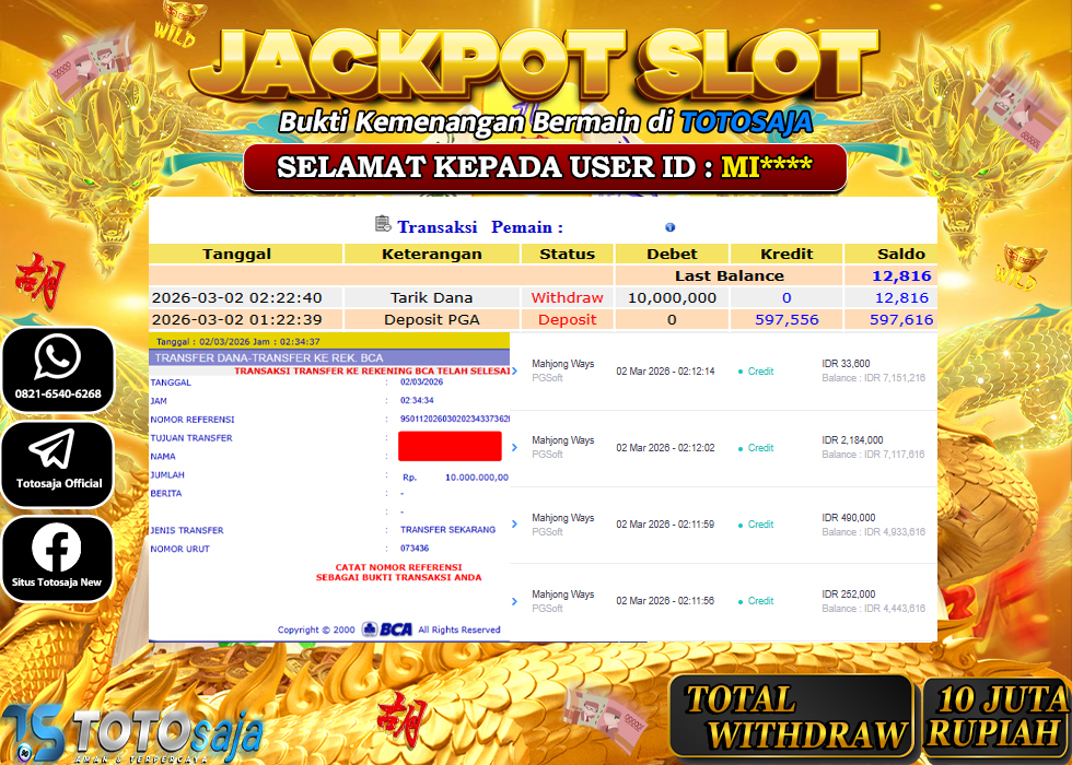 TOTOSAJA JACKPOT SLOT ONLINE MAHJONG WAYS Rp.10.000.000,- LUNAS