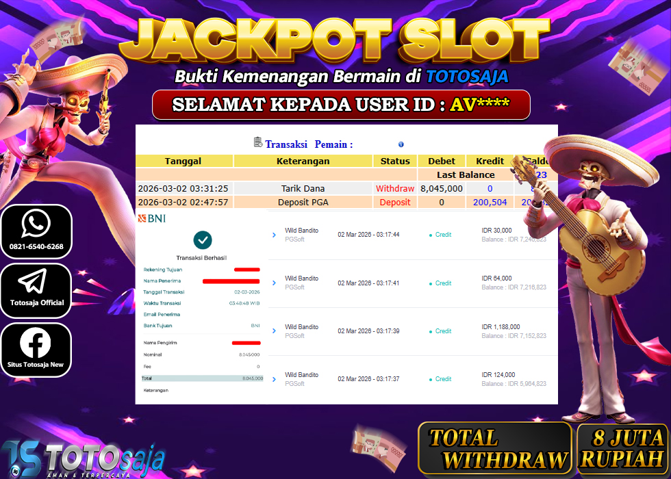 TOTOSAJA JACKPOT SLOT ONLINE WILD BANDITO Rp.8.045.000,- LUNAS