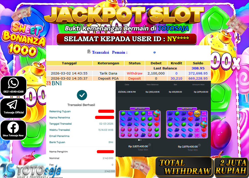 TOTOSAJA JACKPOT SLOT ONLINE SWEET BONANZA 1000 Rp.2.100.000,- LUNAS