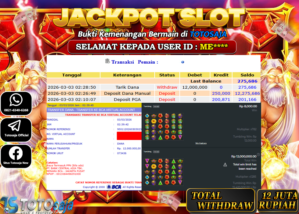 TOTOSAJA JACKPOT SLOT ONLINE GATES OF OLYMPUS 1000 Rp.12.000.000,- LUNAS