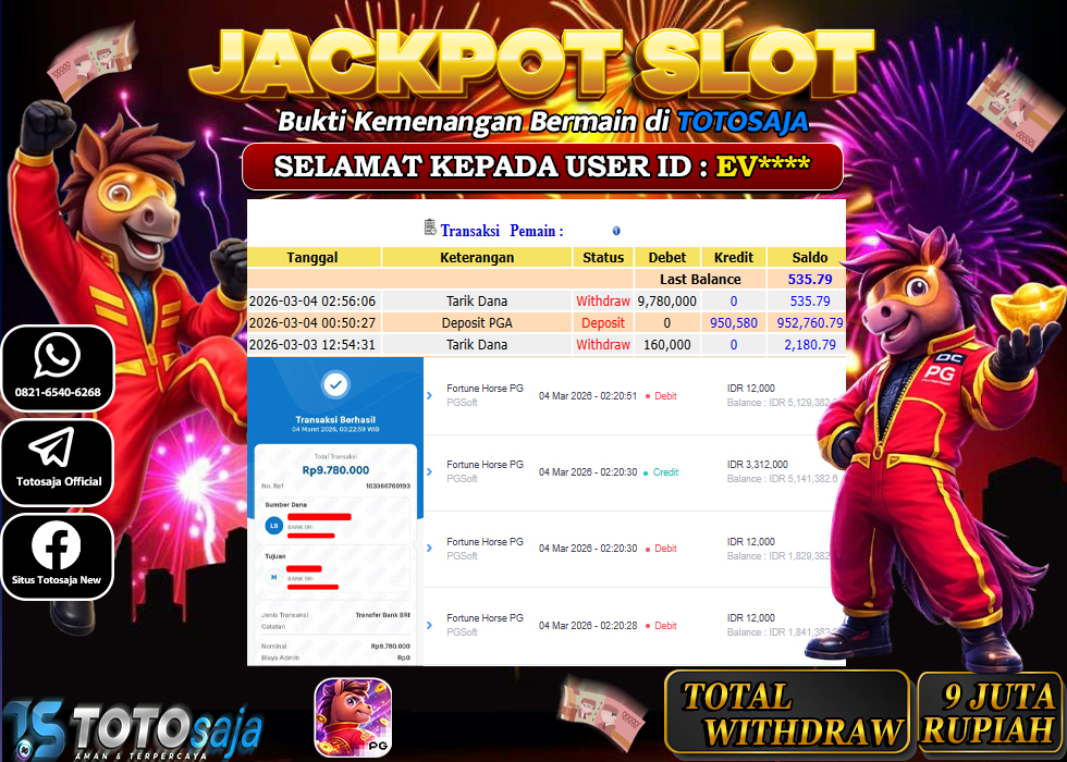 TOTOSAJA JACKPOT SLOT ONLINE  FORTUNE HORSE PG Rp.9.780.000,- LUNAS