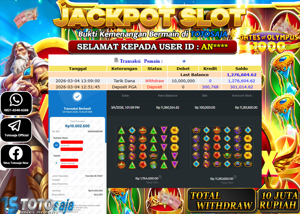 TOTOSAJA JACKPOT SLOT ONLINE GATES OF OLYMPUS 1000 Rp.10.000.000,- LUNAS