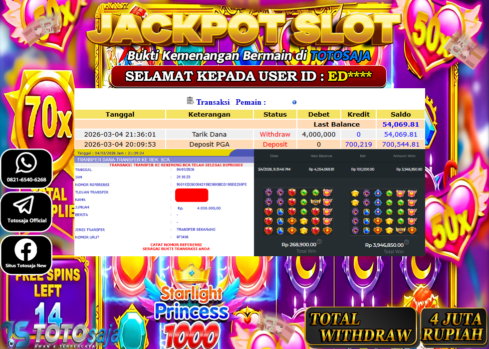 TOTOSAJA JACKPOT SLOT ONLINE STARLIGHT PRINCESS 1000 Rp.4.000.000,- LUNAS