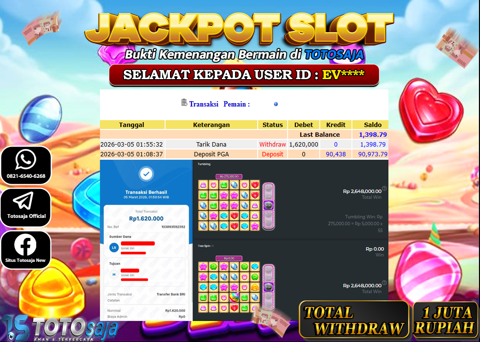 TOTOSAJA JACKPOT SLOT ONLINE Candy Blitz Bombs Rp.1.620.000,- LUNAS
