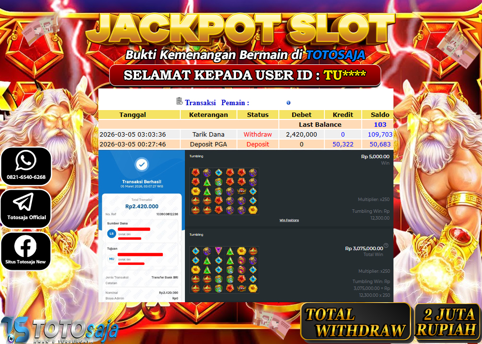 TOTOSAJA JACKPOT SLOT ONLINE GATES OF OLYMPUS 1000 Rp.2.420.000,- LUNAS