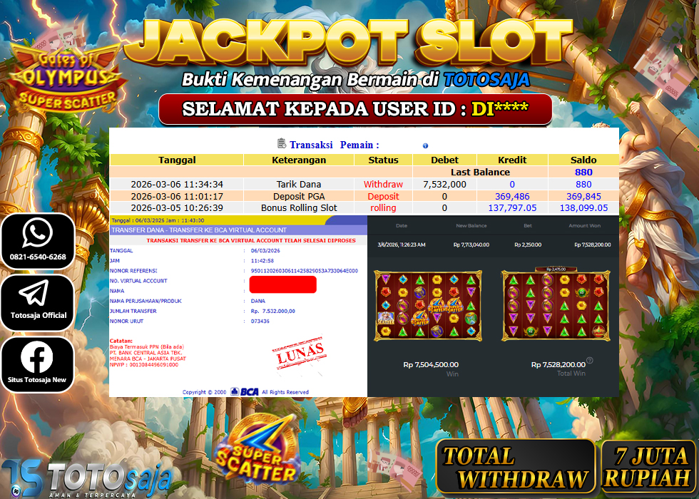 TOTOSAJA JACKPOT SLOT ONLINE GATES OF OLYMPUS SUPER SCATTER Rp.7.532.000,- LUNAS