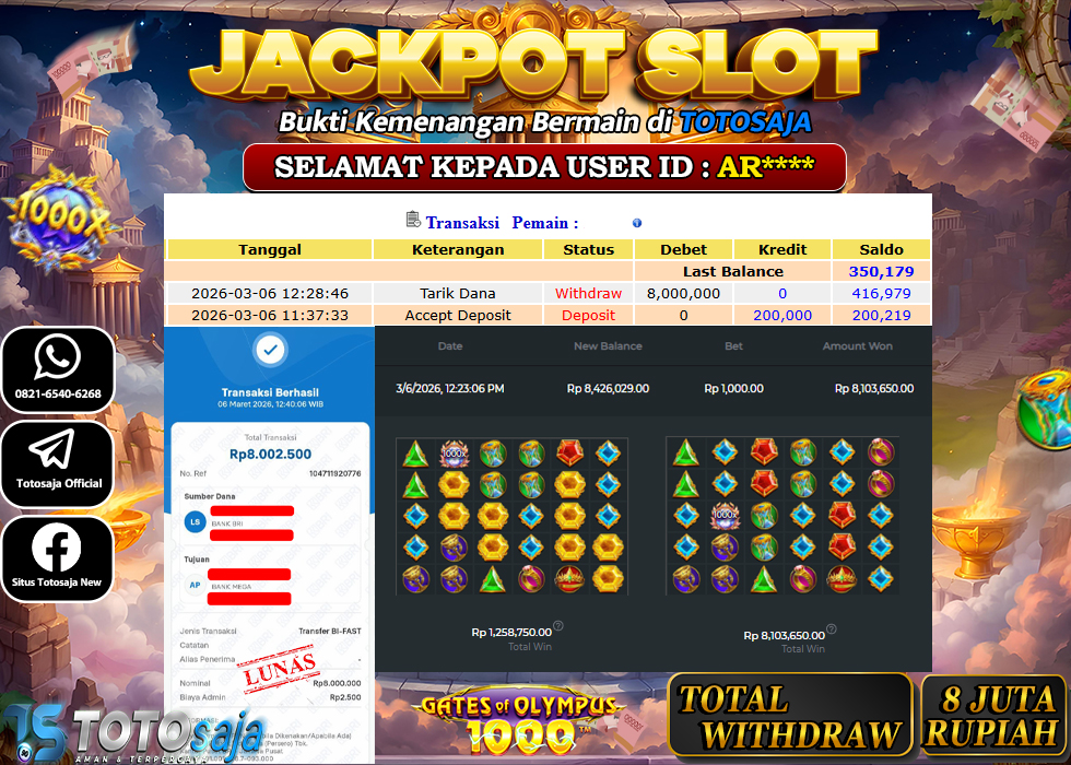 TOTOSAJA JACKPOT SLOT ONLINE GATES OF OLYMPUS 1000 Rp.8.000.000,- LUNAS