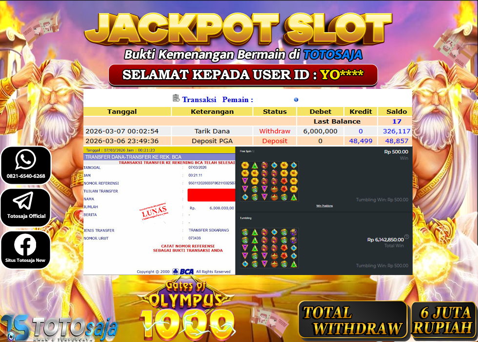 TOTOSAJA JACKPOT SLOT ONLINE GATES OF OLYMPUS 1000 Rp.6.000.000,- LUNAS