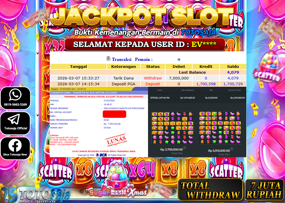 TOTOSAJA JACKPOT SLOT ONLINE SUGAR RUSH XMAS 1000 Rp.7.000.000,- LUNAS