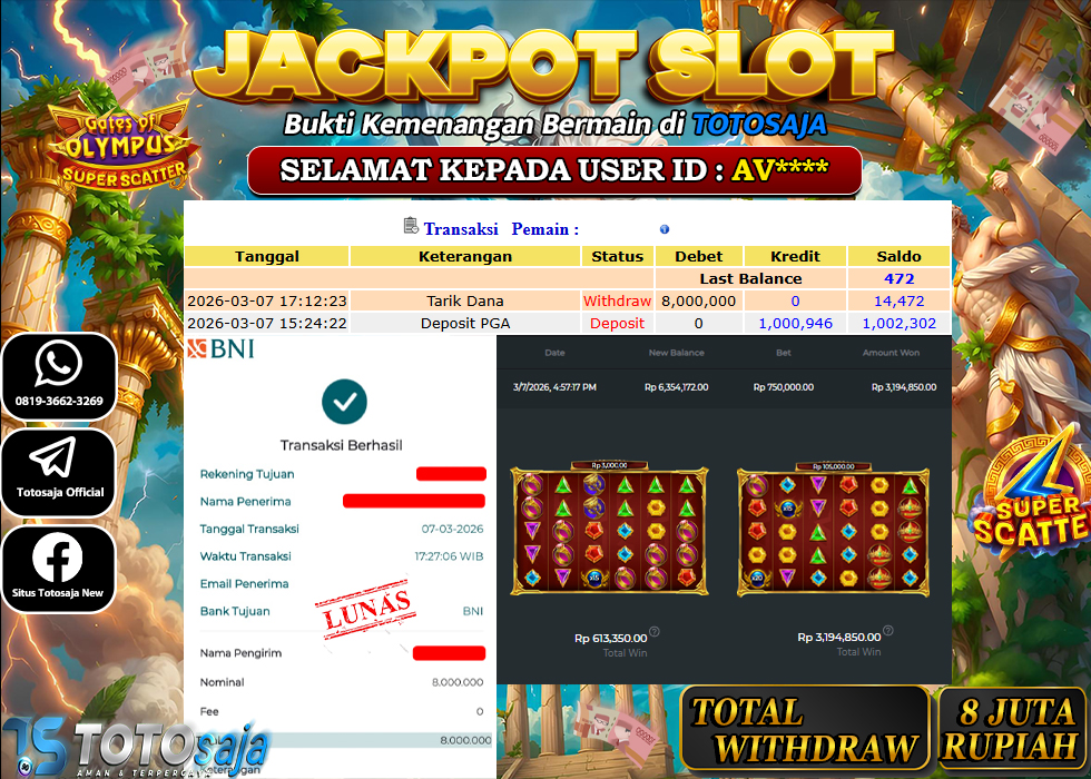 TOTOSAJA JACKPOT SLOT ONLINE GATES OF OLYMPUS SUPER SCATTER Rp.8.000.000,- LUNAS