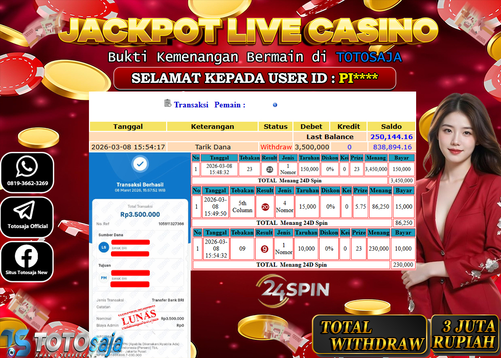 TOTOSAJA JACKPOT LIVE CASINO ONLINE 24D SPIN  Rp.3.500.000,- LUNAS