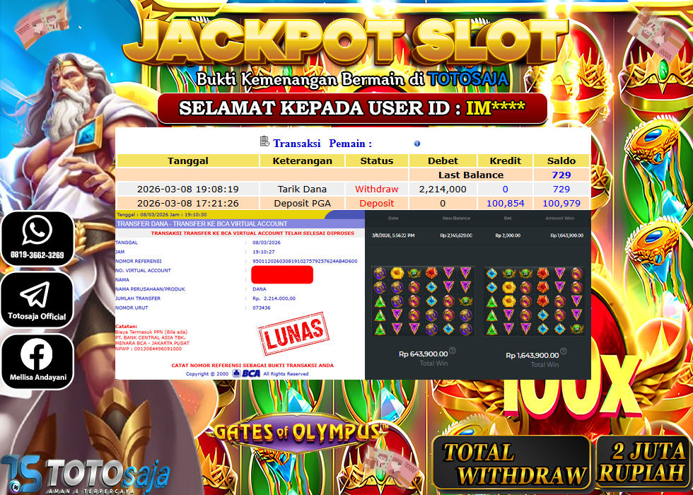 TOTOSAJA JACKPOT SLOT ONLINE GATES OF OLYMPUS Rp.2.214.000,- LUNAS