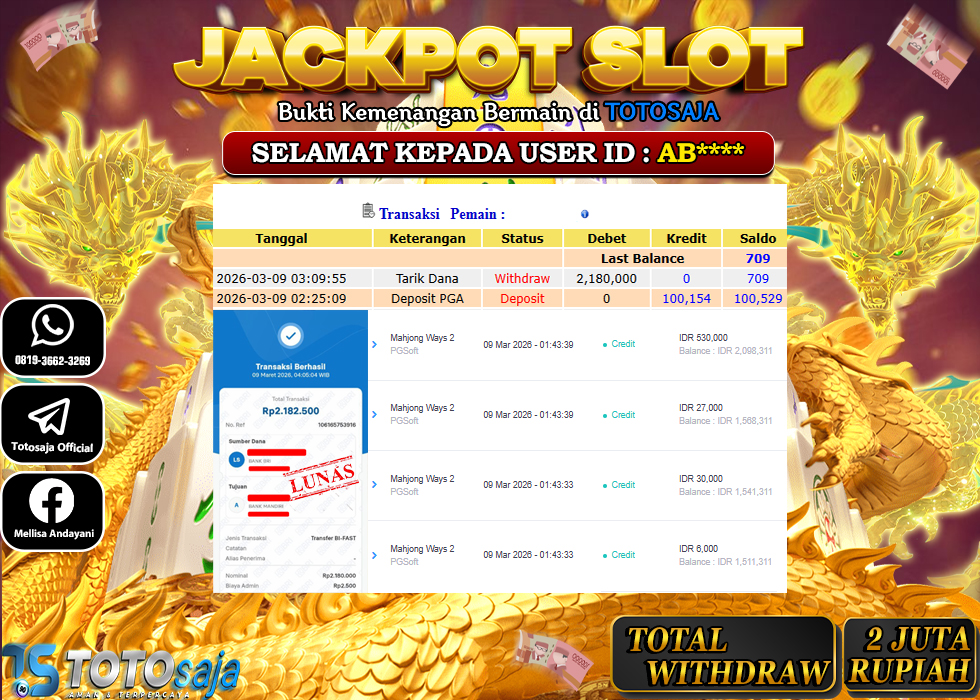 TOTOSAJA JACKPOT SLOT ONLINE MAHJONG WAYS 2 Rp.2.180.000,- LUNAS