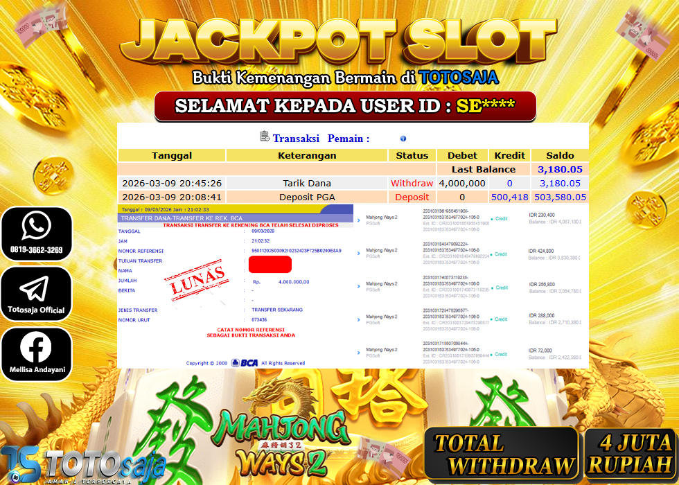 TOTOSAJA JACKPOT SLOT ONLINE MAHJONG WAYS 2 Rp.4.000.000,- LUNAS