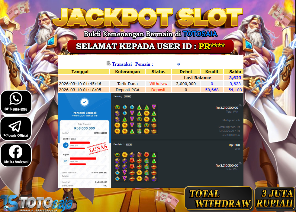 TOTOSAJA JACKPOT SLOT ONLINE GATES OF OLYMPUS 1000 Rp.3.000.000,- LUNAS