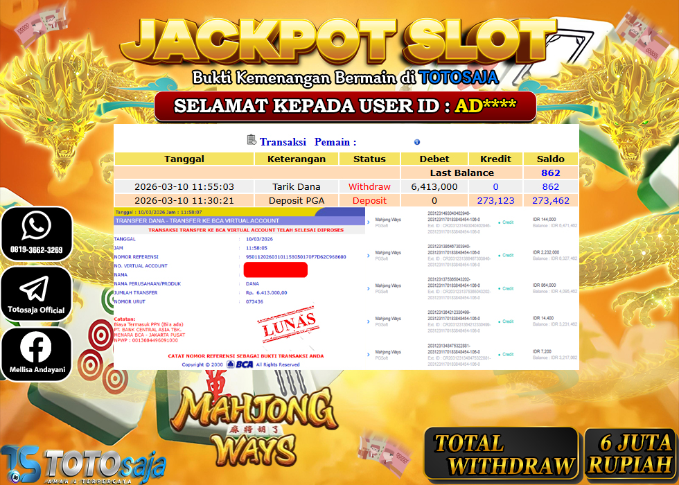 TOTOSAJA JACKPOT SLOT ONLINE MAHJONG WAYS Rp.6.413.000,- LUNAS