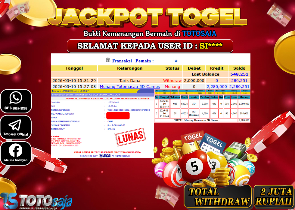 TOTOSAJA JACKPOT TOGEL ONLINE TOTOMACAU 5D Rp.2.000.000,- LUNAS