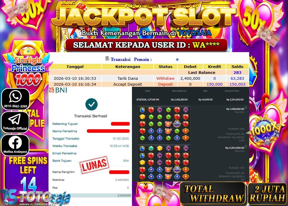TOTOSAJA JACKPOT SLOT ONLINE STARLIGHT PRINCESS 1000 Rp.2.400.000,- LUNAS