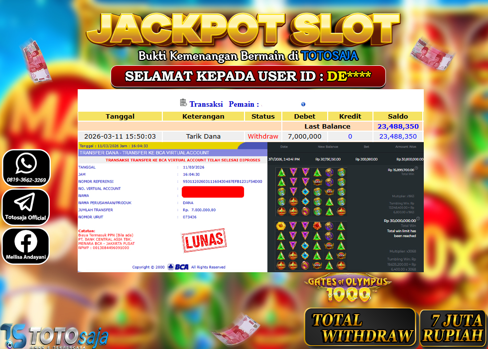 TOTOSAJA JACKPOT SLOT ONLINE GATES OF OLYMPUS 1000 Rp.7.000.000,- LUNAS
