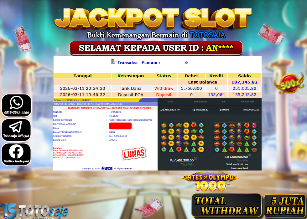 TOTOSAJA JACKPOT SLOT ONLINE GATES OF OLYMPUS 1000 Rp.5.000.000,- LUNAS